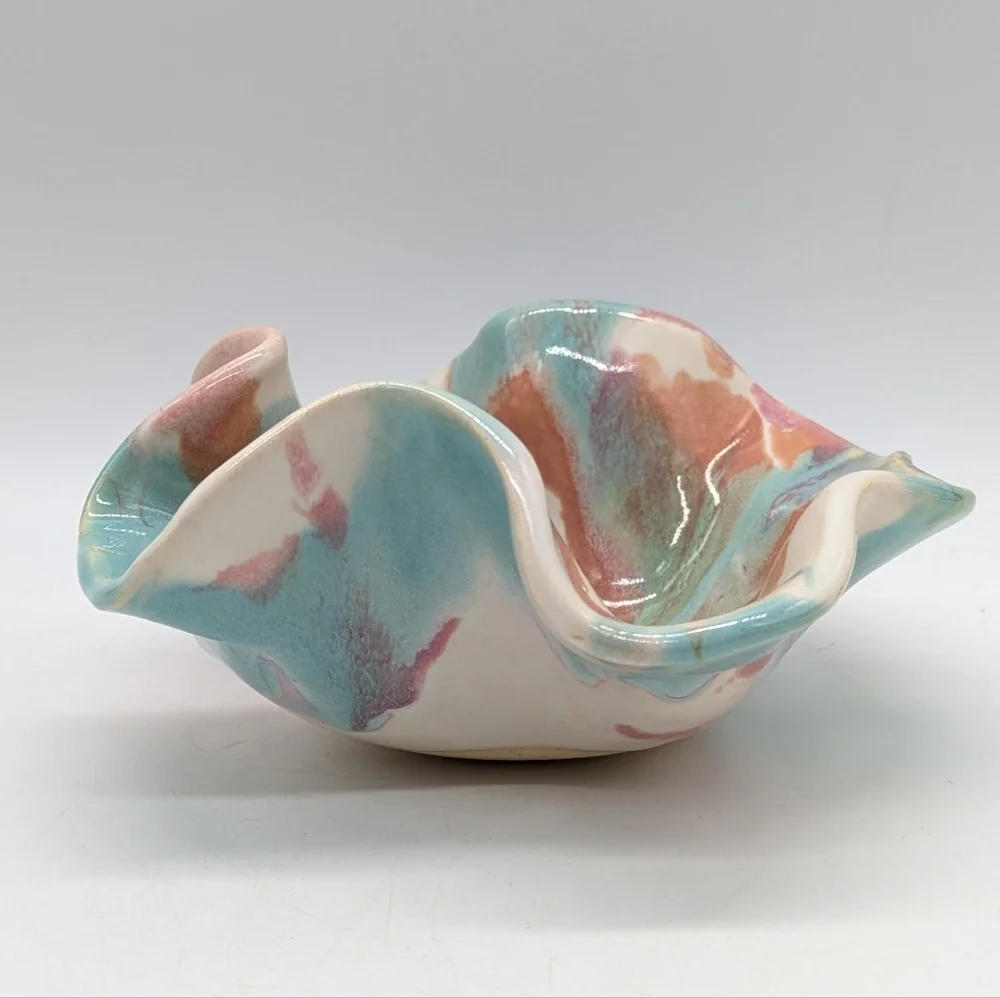 Handthrown Pink Blue Orange Ceramic Abstract Ruffle Edge Dish